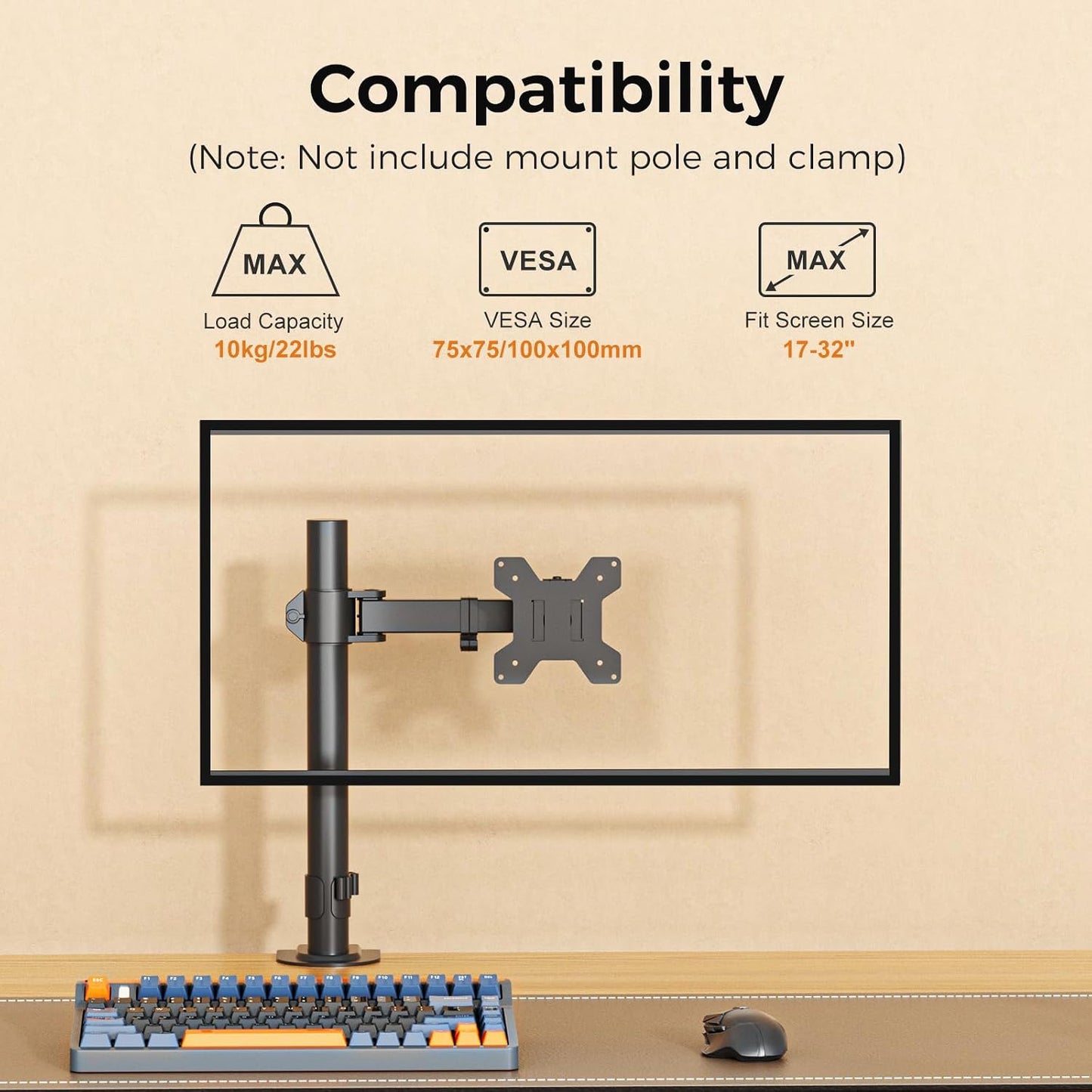 suptek 1 13 32 inch 22lbs, 75x75mm 100x100mm,Black Single Monitor Arm, Universal Tier Arm Fully Adjustable Pole Mount