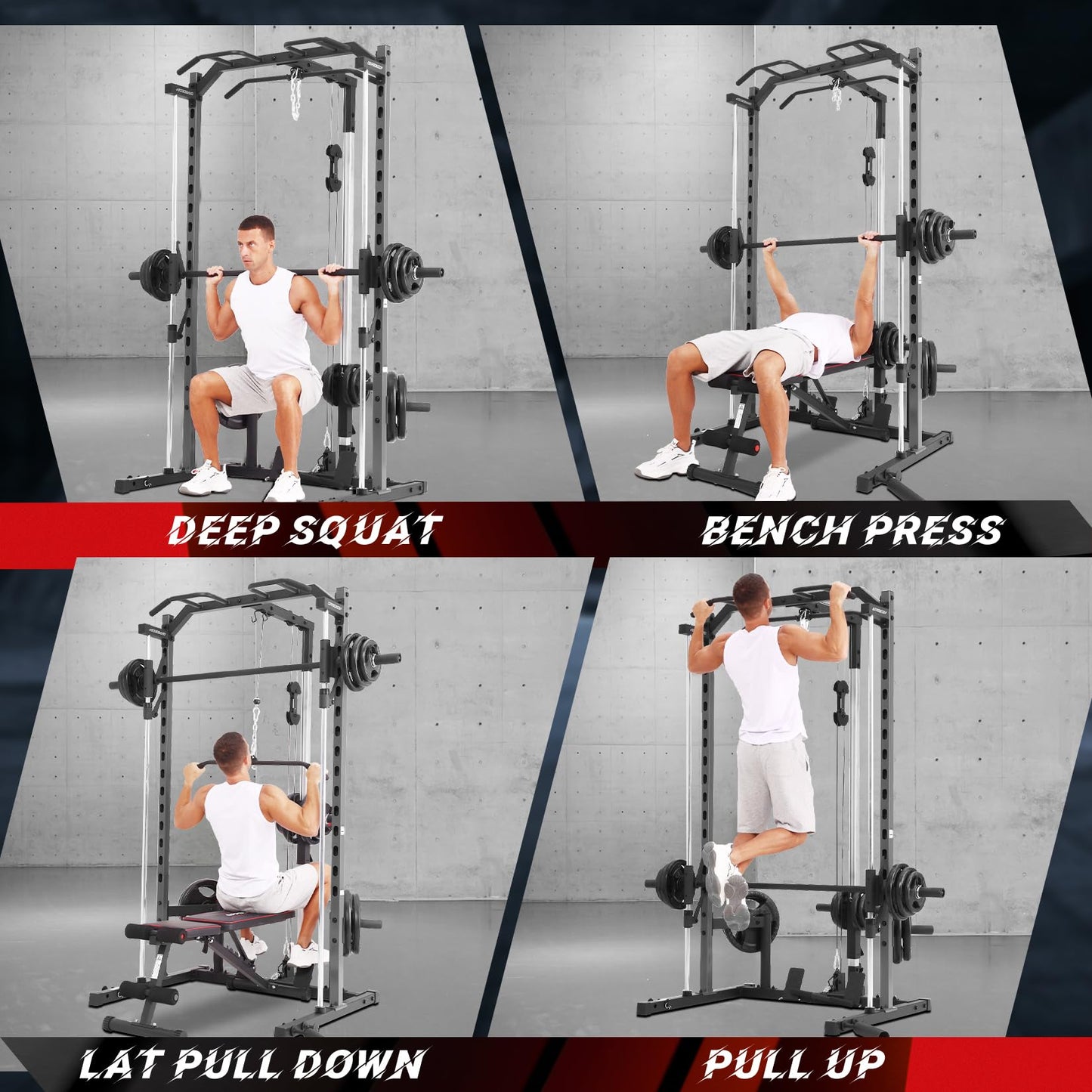 OPPSDECOR Smith Machine Squat Rack with LAT-Pull Down Multifunctional Power Rack with Cable Crossover Machine Power Cage with Barbell Bar Full Body Training Attachments for Home & Garage Gym (Grey)