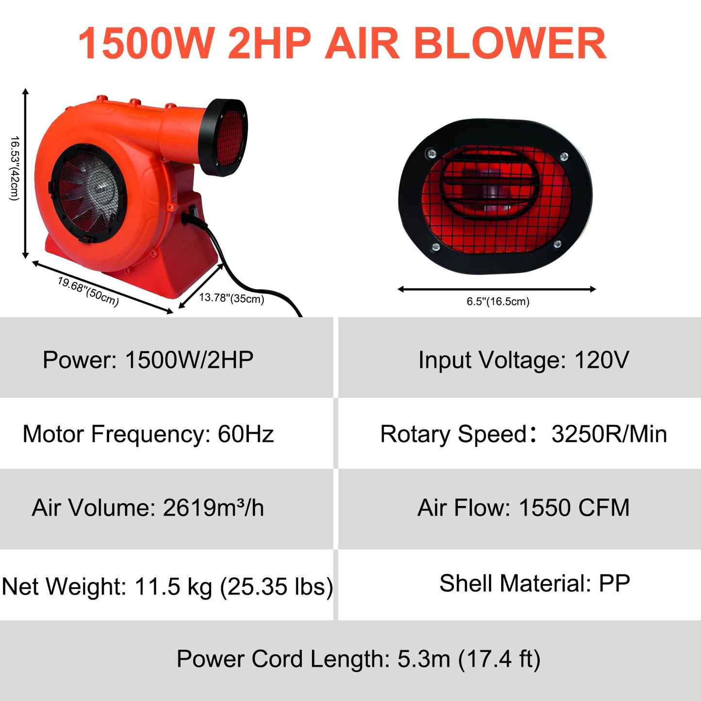GONFLABLE 1500W 2HP High Power Bounce House Blower, Portable Fan Pump Air Blower Commercial for Large Inflatables, Bubble House, Water Slides, Castle, Jump Slides, Holiday Decorations