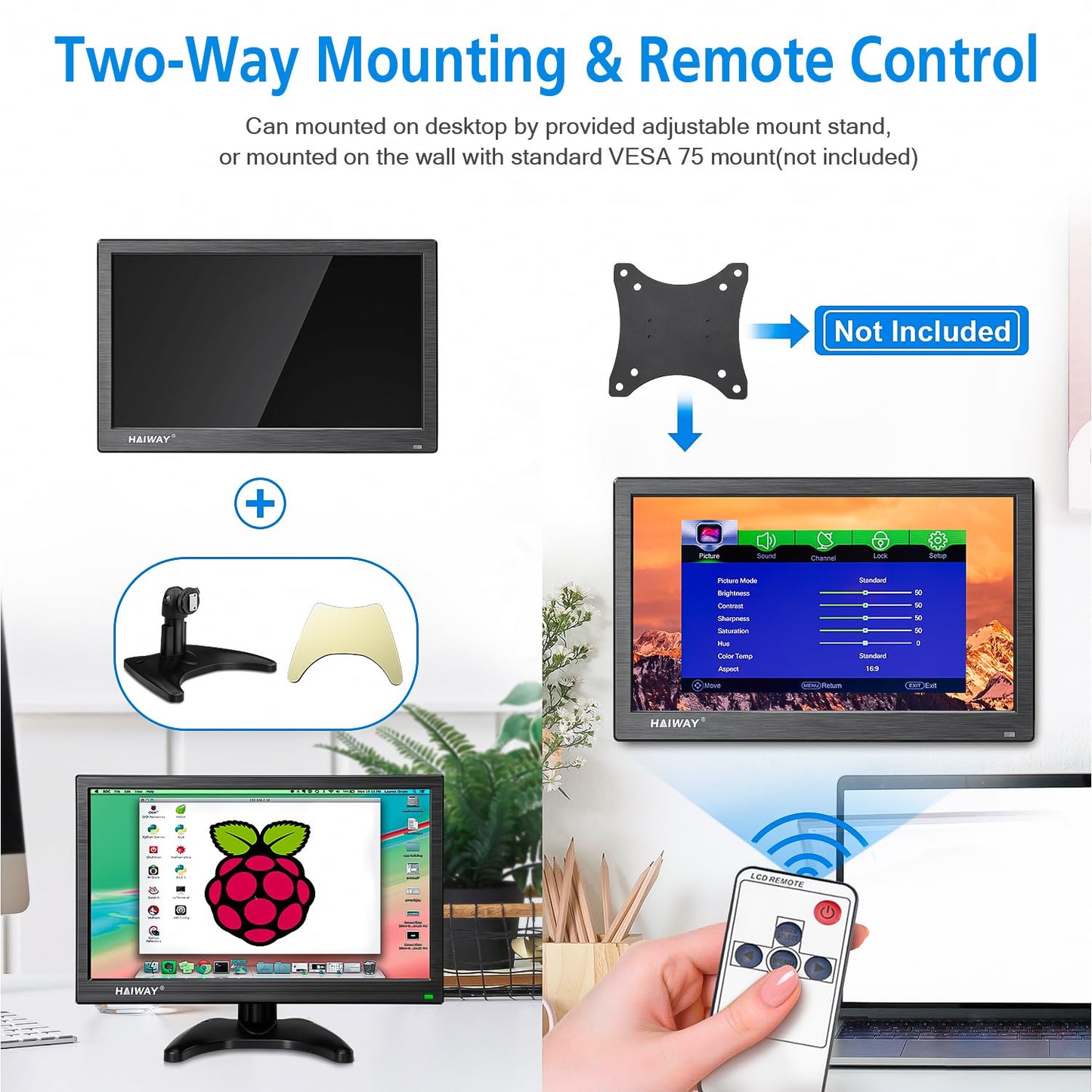 Haiway 14 Inch Security Monitor, 1366x768 Resolution Small PC Monitor Built-in Speakers with HDMI/VGA/BNC/AV Ports, Home Office Mini hdmi Monitors for Laptop, CCTV Camera, Gaming with Remote Control
