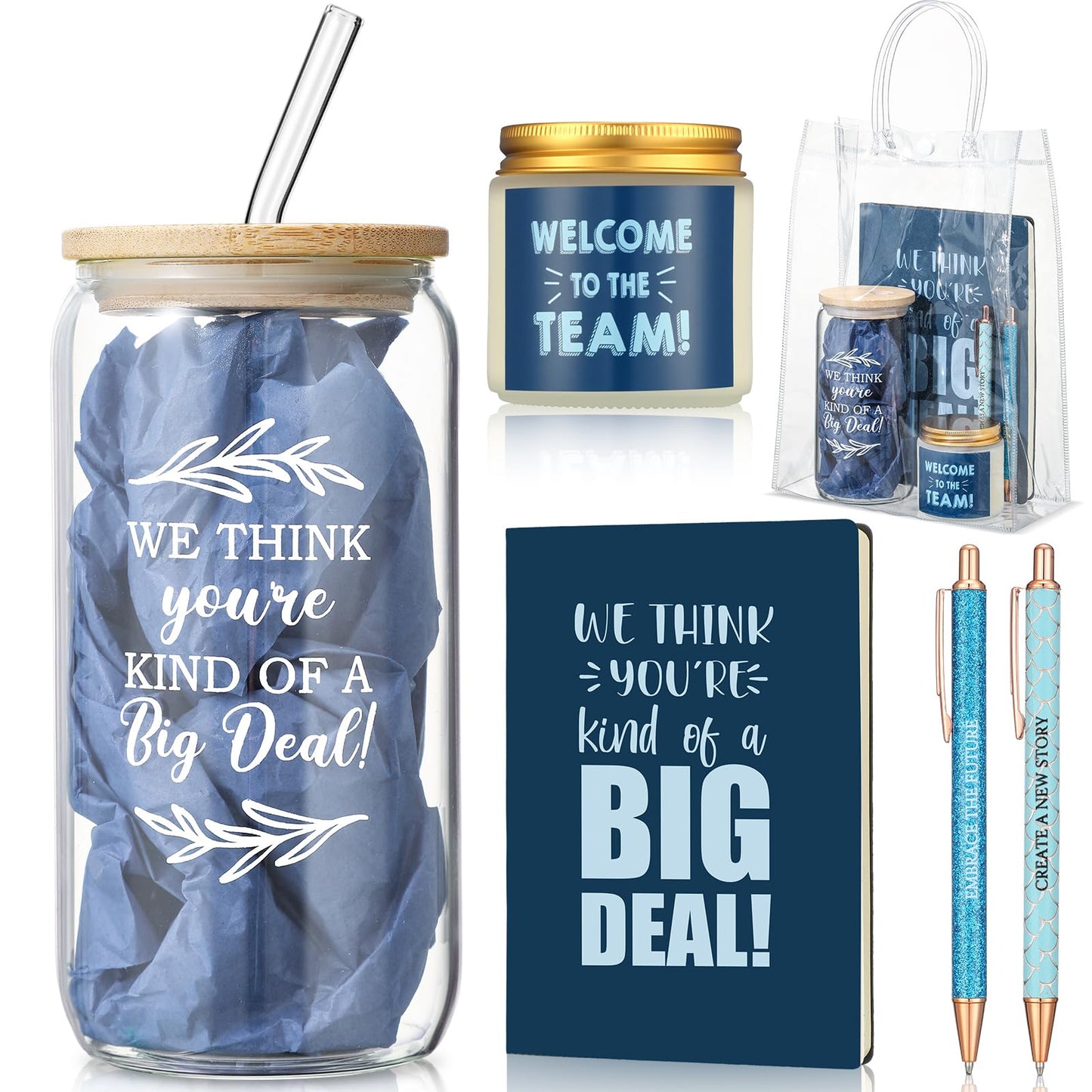 Thenshop 6 Pcs Welcome to the Team Gifts Bulk for New Employee Inspirational Glass Tumbler Notebook Pens Scented Candle with PVC Bag Employee Appreciation Gift Sets for New Coworker Office(Blue)