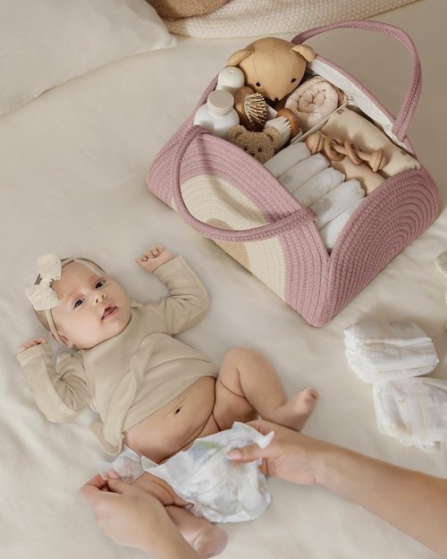 Blissful Diary Baby Diaper Caddy Organizer - Large Cotton Rope Storage Basket for Newborns | Blush Rainbow