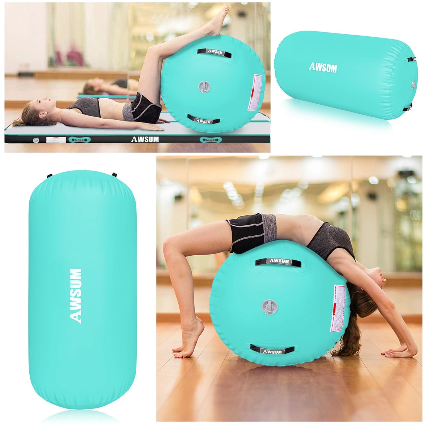 AWSUM 10ft Gymnastics Mat with Air Roller Tumbling Barrel Back Somersault Backbend Trainer for Inflatable Gymnastics Springboard Back Handspring Equipment, with Electric Pump
