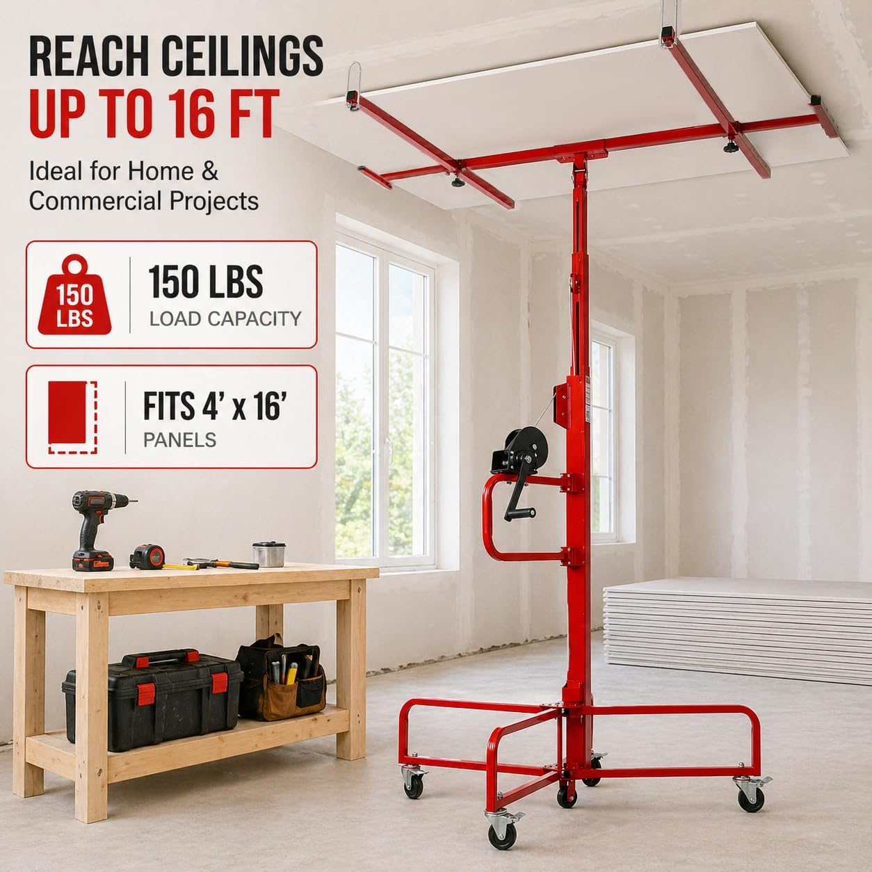 ELOMBR 16FT Drywall Lift Sheetrock Lift, Panel Hoist with 4 Lockable Wheels for Ceiling, Drywall Rolling Lifter Panel, 150LBS Drywall Jack Lift for Home & Commercial Use, Red