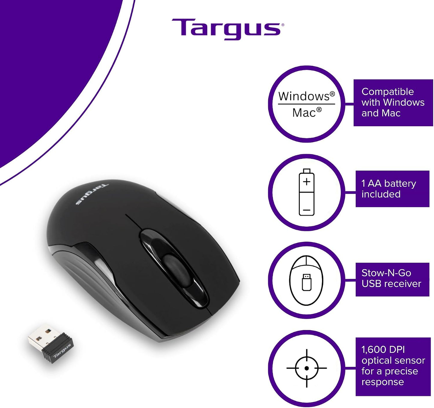 2.5-Foot (AMU75US) Targus Compact Mouse with Blue Trace Technology for Tracking and Retractable USB Cord, Black