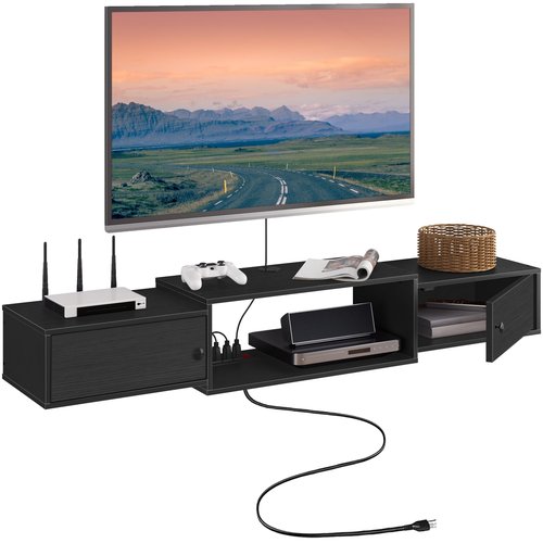 HOOBRO 55" Floating TV Stand with Power Outlets, Modern Wall Mounted Media Console Shelf with Doors, Entertainment Center for Under TV Storage, for Living Room, Bedroom, Black BK11UDS01