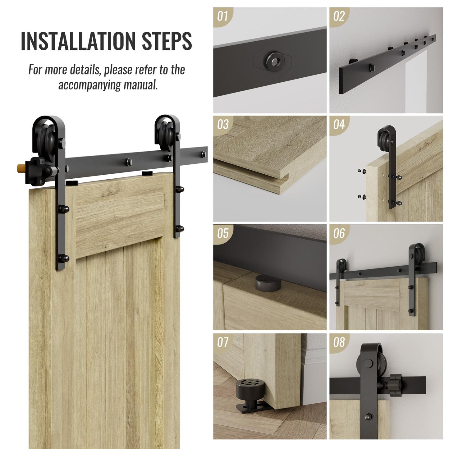 CCJH 6FT/72inch Sliding Barn Door Hardware Kit for Single Door Carbon Steel Black