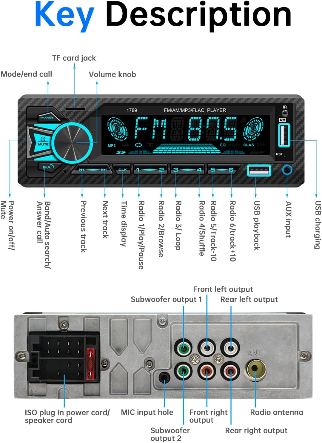 ePathChina 12V MP3 FM/MP3/WMA/FLAC/AUX/TF Car Audio Bluetooth Single DIN Car Stereo, Car FM/AM Radio LCD VA Screen Car