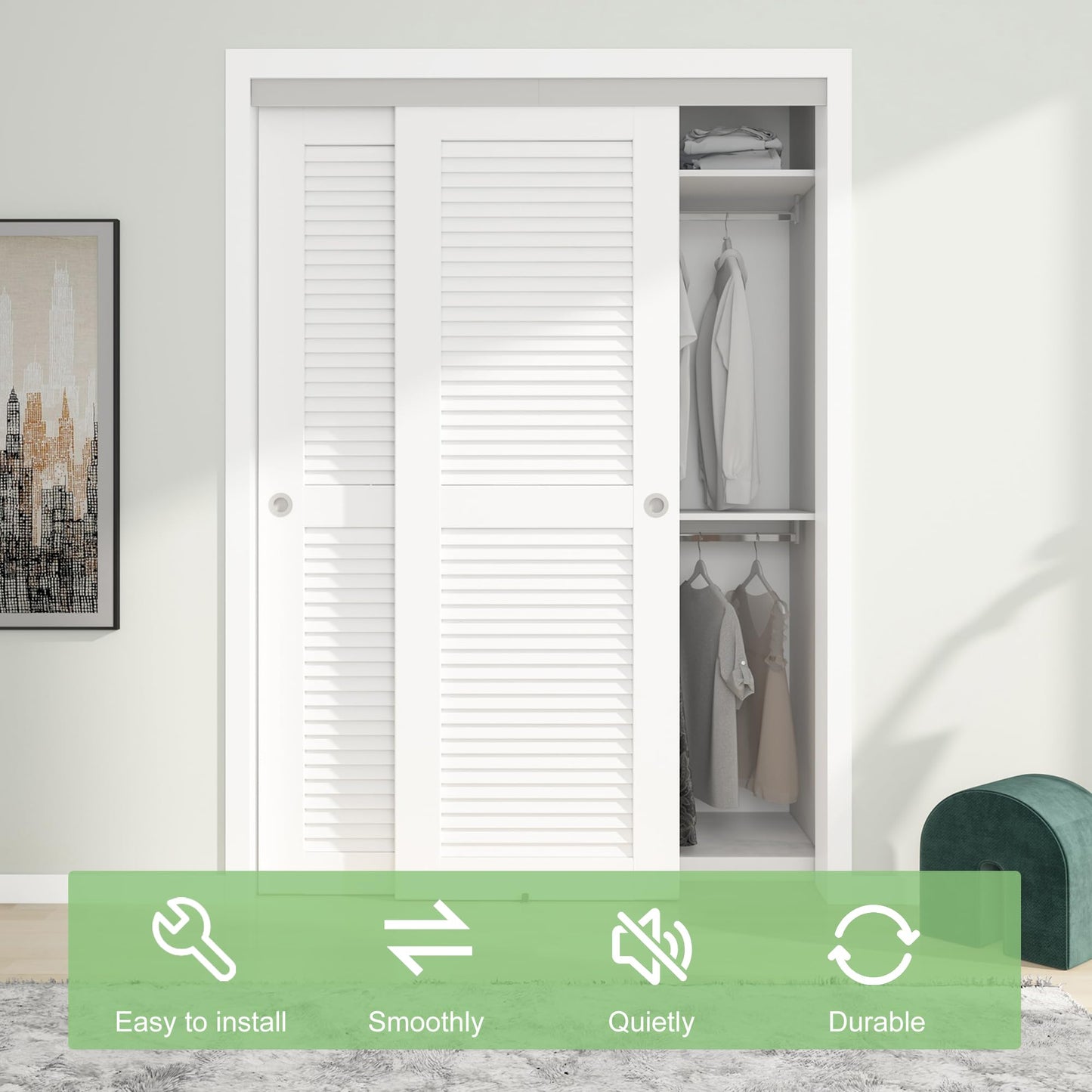 BarnBase 5FT/60(Double 2.5FT) Bypass Door Hardware, Aluminum Double-Closing Sliding Closet Door Hardware with Finger Pull Included, Smoothly and Quietly, Fit Door Thickness 1 3/8" or 1 3/4", Silver
