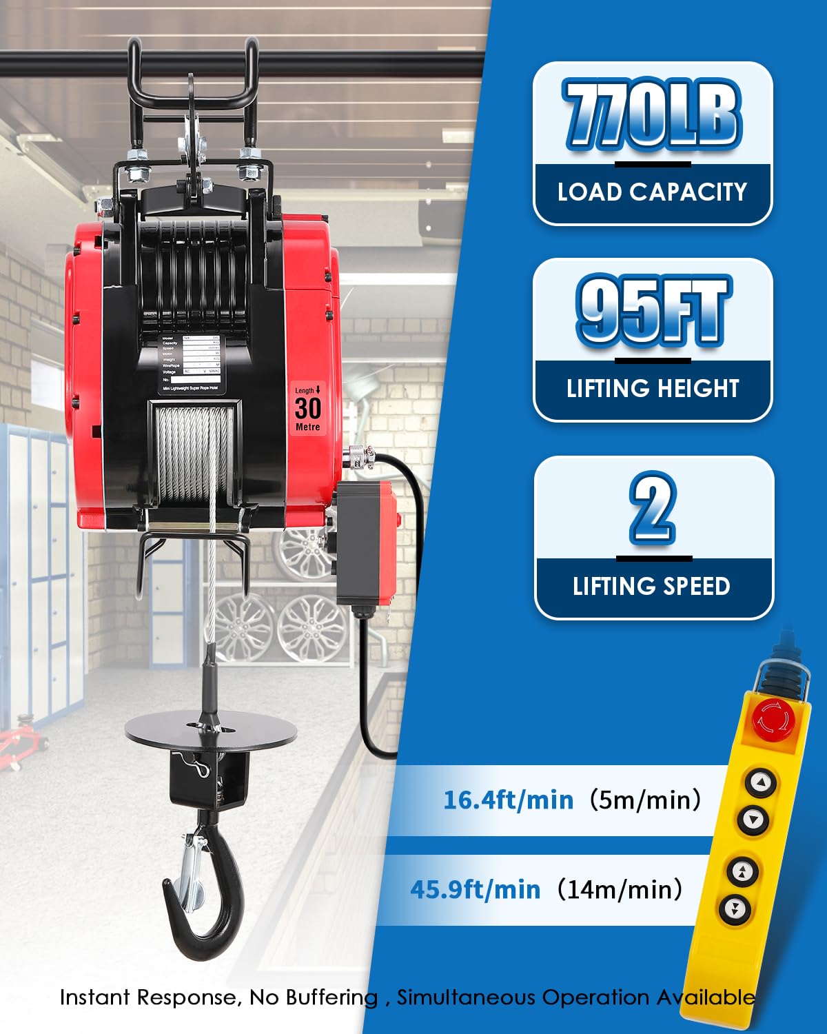 NEWTRY 2-Speed Fast Electric Hoist, 770lb Capacity with 95ft Lifting Height, 1500W Brushless Motor, Wired & Wireless Remote Control w/Emergency Stop, Perfect for Garage, Workshop 110V