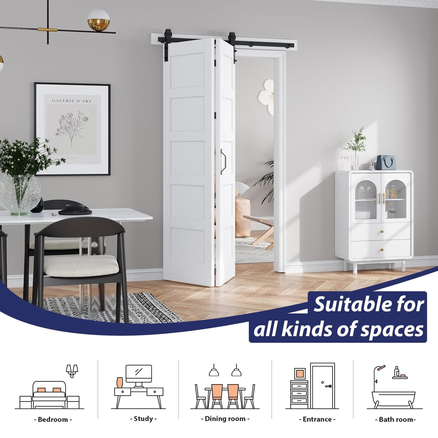 FREDBECK 48X84(Double 24x84) Bi-fold Barn Door Folding Doors White with 52" Hardware Kit,Interior Water-Proof PVC Surface for Closet,Assembly Required