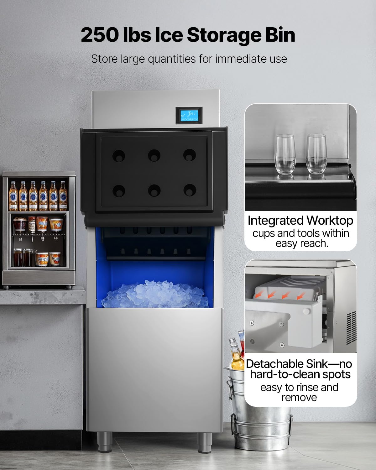 VEVOR Commercial Ice Maker Machine, 360LBS/24H Ice-Making Machine with 250LBS Large Storage Bin, Auto Self-Cleaning Ice Maker with Touchscreen for Bar Cafe Restaurant Business Commercial