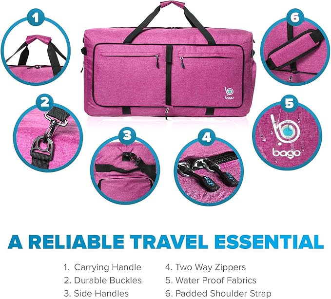 Bago Large Foldable Duffel Bags for Traveling Women & Men - 80L Packable Duffle Bag for Travel with Shoe Compartment - Water Repellant, Heavy Duty, Lightweight Folding & Collapsible (SnowPink)
