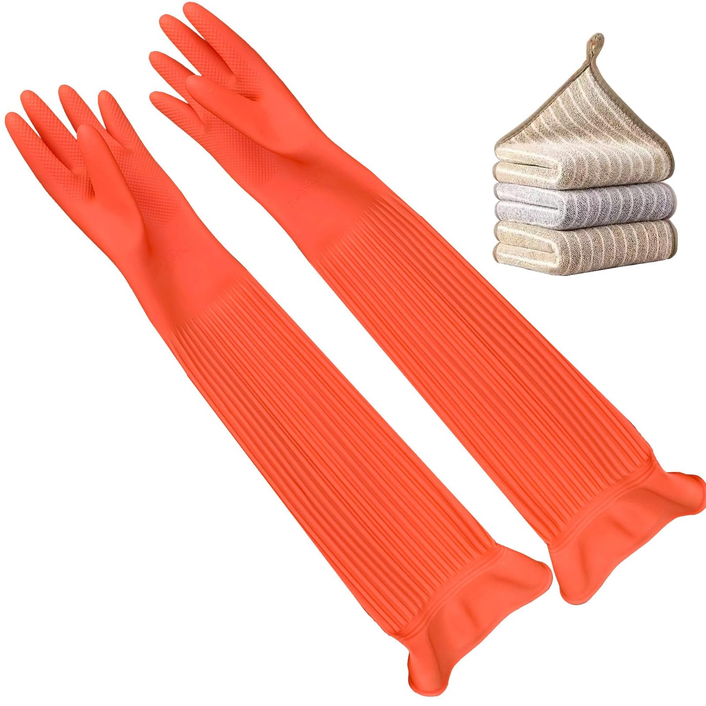 Vsootal 3 Pairs Household Extra Long Kitchen Gloves for Washing Dishes，20.05inches Rubber Cleaning Gloves，Reusable Latex Living Wash Gloves，Long Sleeves(Large, Red)