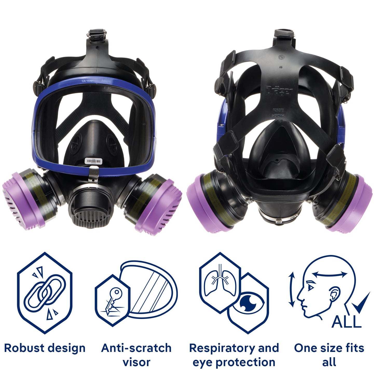 Dräger X-plore 5500 Full-Face Respirator Mask + 2x Combination Cartridge OV/AG/HF/FM/CD/AM/MA/HS/P100 | One size fits most | NIOSH Certified Eye and Respiratory Protection, Anti-Fog, 180° View