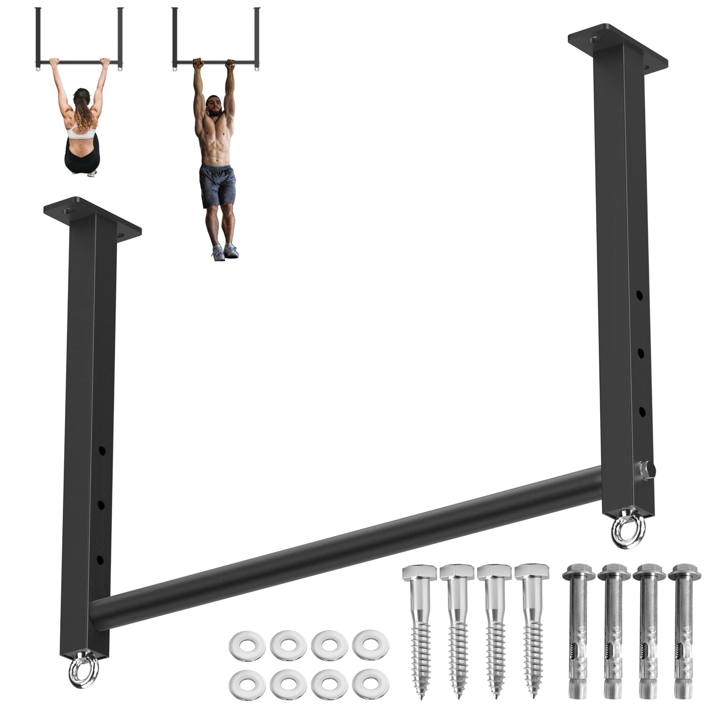 HWOOUSA Ceiling Mounted Pull Up Bar, 700 LBS Heavy Duty 4 Adjustable Pull Up Bar, 24" Rafter Pull Up Bars, Ceiling Joist for Garage/Gym/Basement with Comfortable Grip & Round Anchors