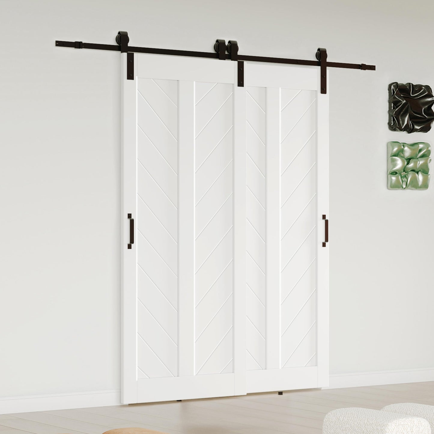 Lakenyon Bypass Barn Doors, 72" x 84" Sliding Barn Door with 6.6FT Sliding Bypass Barn Doors Hardware Kit, Single-Track for Double V-Frame Doors, MDF & DIY Painted, Easy Installation - White