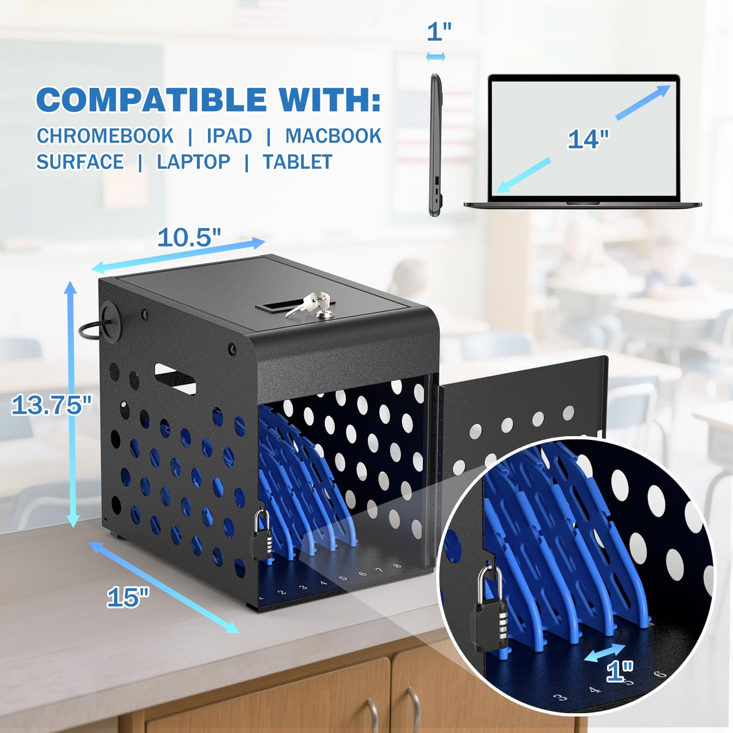 POCHAR 8-Device Chromebook Charging Cabinet for Classroom - Laptop Lock Box for iPad Tablet Fits 14" Screen - Portable Locking Charging Station for Schools, Offices, Hospitals (Black)