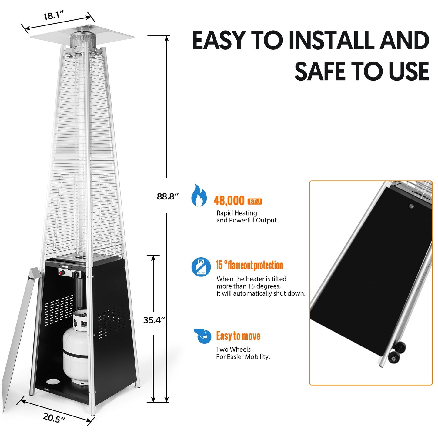 Pyramid Patio Heater,48,000 BTU Outdoor Propane Heater with Glass Tube, Propane Tall Tower Design with Wheels & One-Button Ignition for Backyard, Deck, and Commercial Use