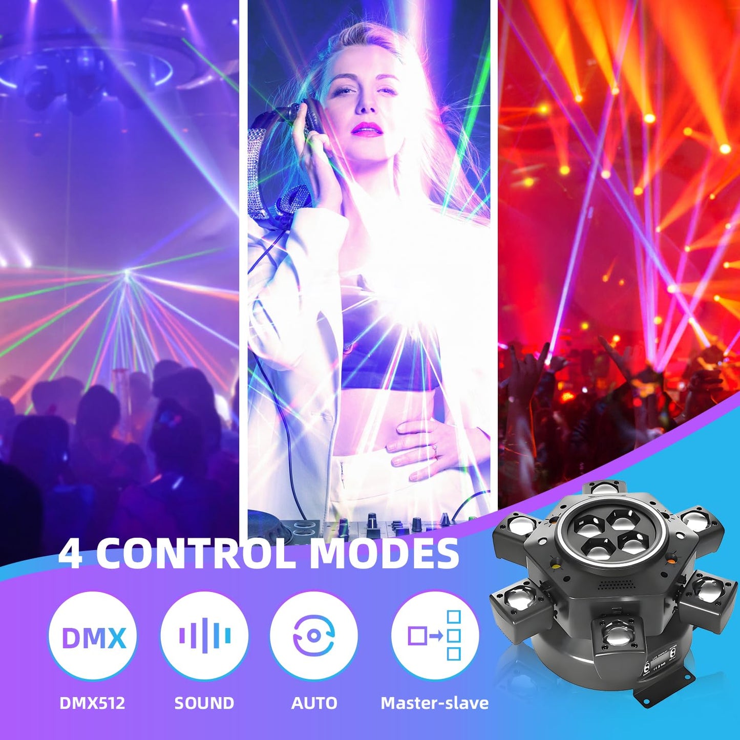 Uponelite Moving Head DJ Lights, 6 Arms Party Fixtures with Light Strip, 150W RGBW 4 in1 LED Stage Lights, DMX512 & Sound Activated Rotating Light, for Parties Disco Club Bar KTV Wedding