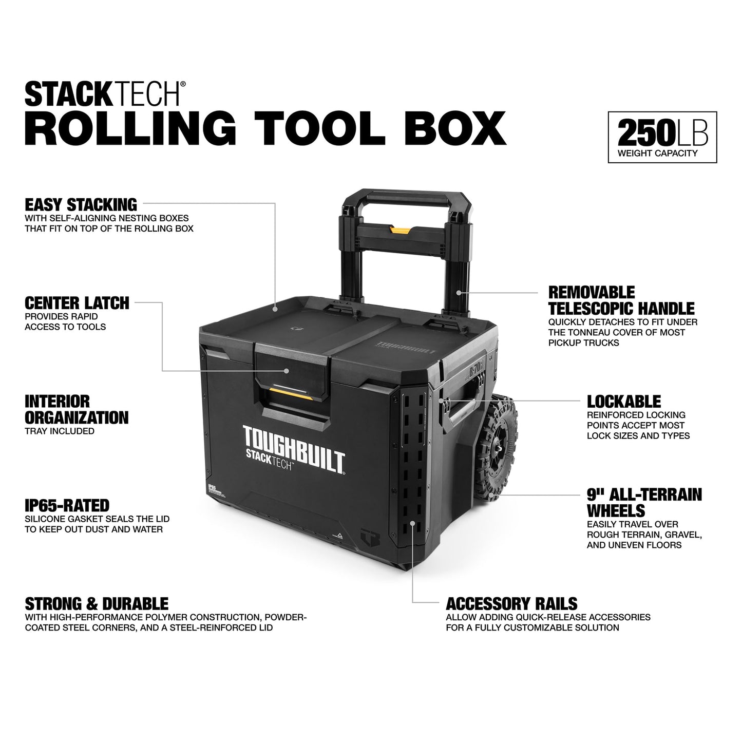 ToughBuilt StackTech Rolling Tool Box, Heavy-Duty Portable Tools Organizer, 250 lb Capacity - Stackable and Waterproof Toolbox Storage System with Lockable Lid and 9-Inch All-Terrain Wheels