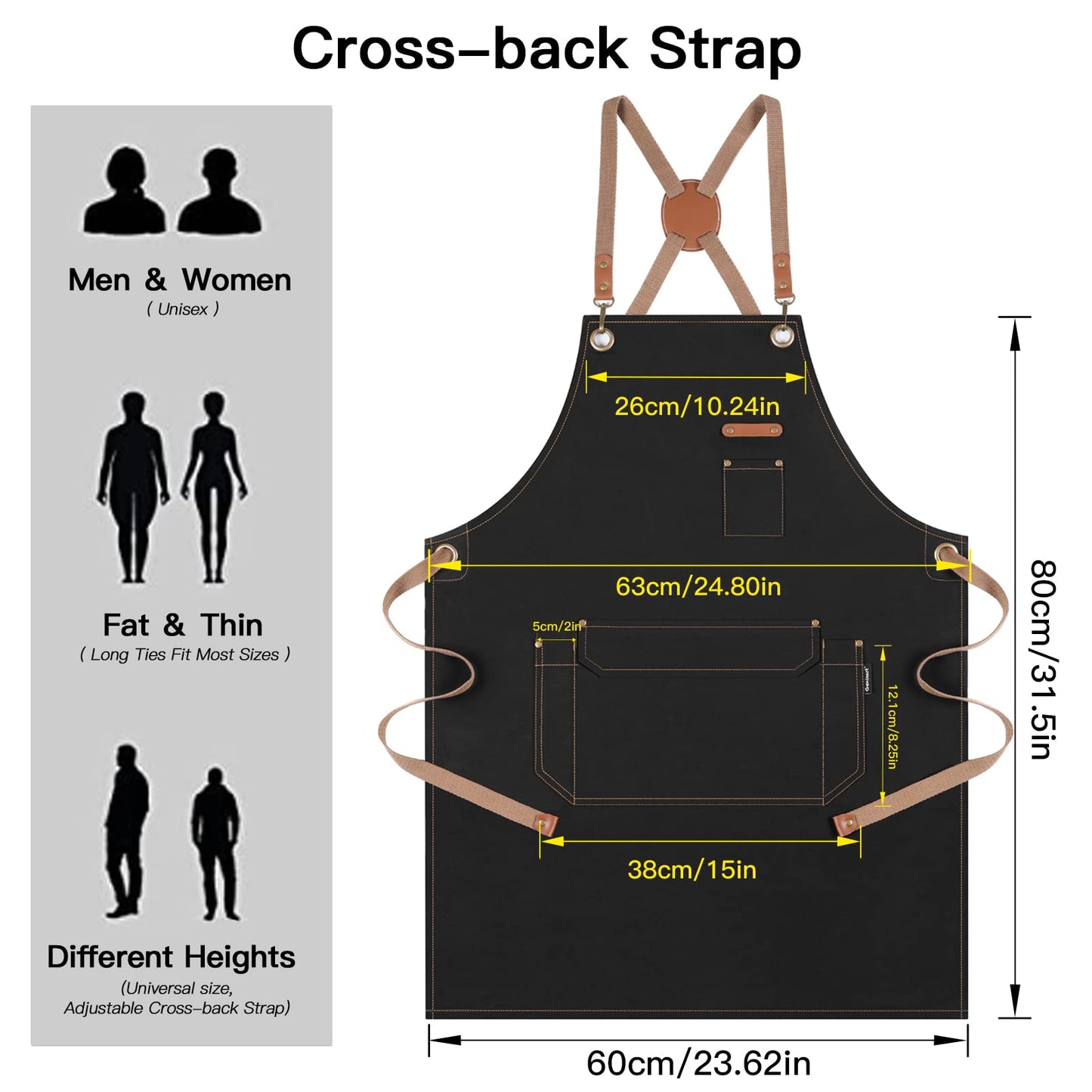 RockyToy Chef Apron with Cross Back Straps for Men Women, Cotton Canvas Apron for Artists Painting, Kitchen Cooking - Black