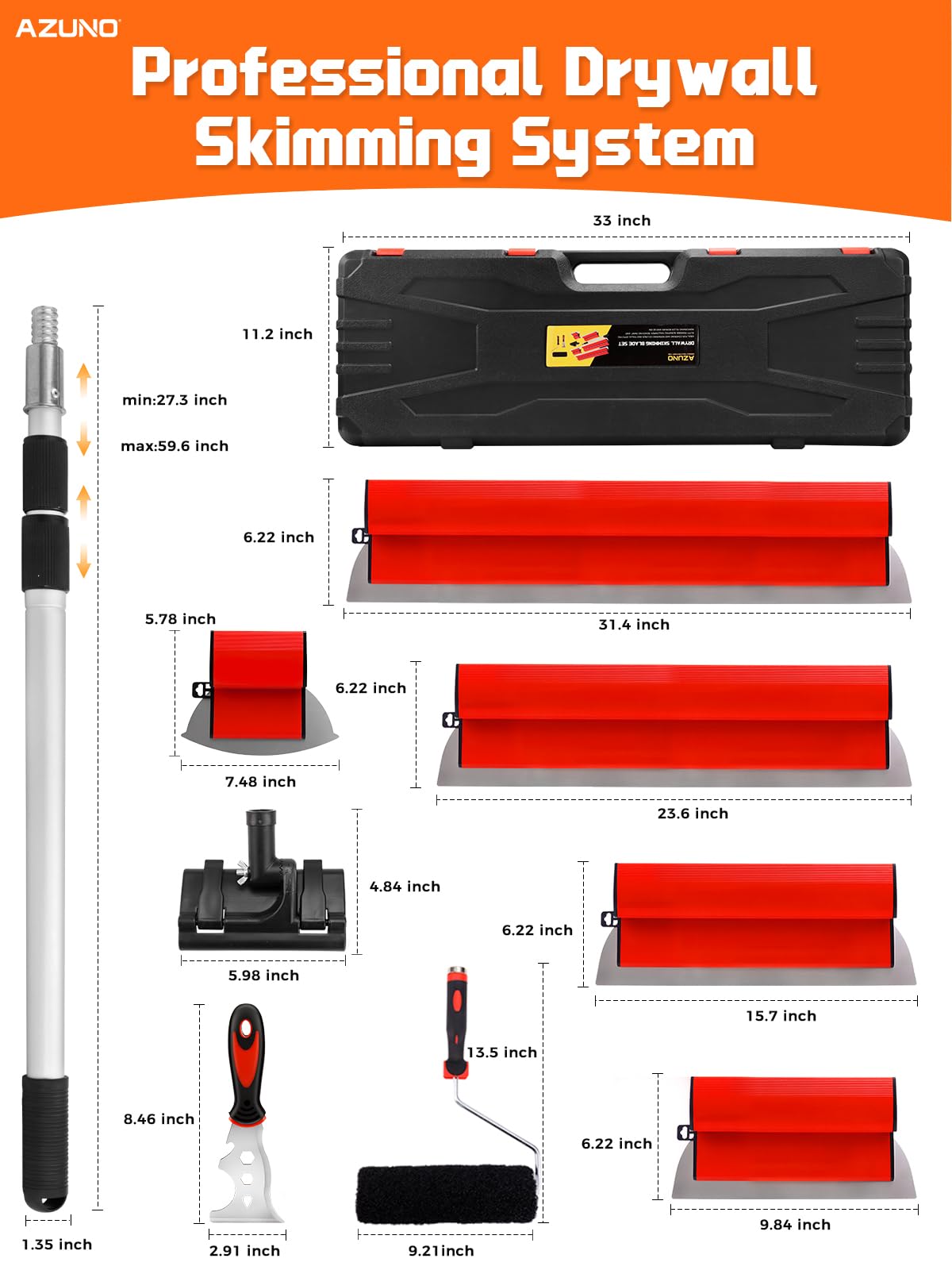 AZUNO Drywall Skimming Blade Set with Case| 10,16,24,32 Inch Stainless Steel Skimming Blades| 27"-60" Extension Handle, Compound Roller, Bucket Scoop & Putty Knife for Wall & Ceiling Finishing