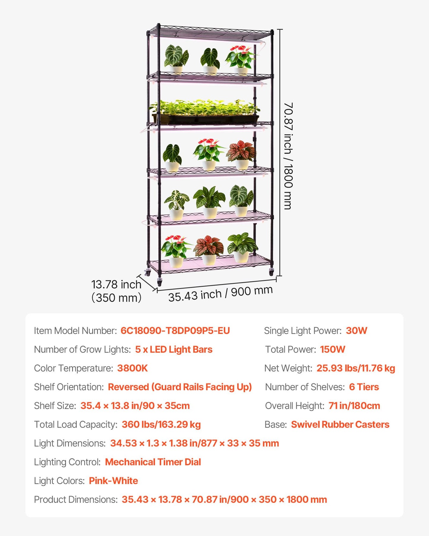 VEVOR Plant Shelf with Grow Light, 6-Tier Indoor Plant Stand, 71in Tall Indoor Plants Display Rack with Wheels & Timer, 150W 3800K Full Spectrum Grow Lights, Metal Flower Pot Holder for Seed Starting