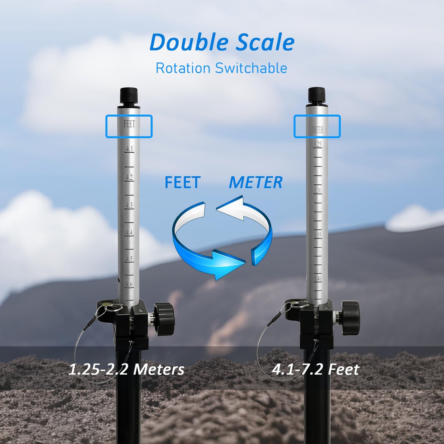 2.2M/7.22FT Carbon Fiber and Aluminum GPS Pole with Carry Bag, Telescopic Range Pole of Level Bubble, Rover Rod RTK GNSS Surveying Tool, Portable Prism for Surveying & Engineering, Meter and Feet, Universal Standard