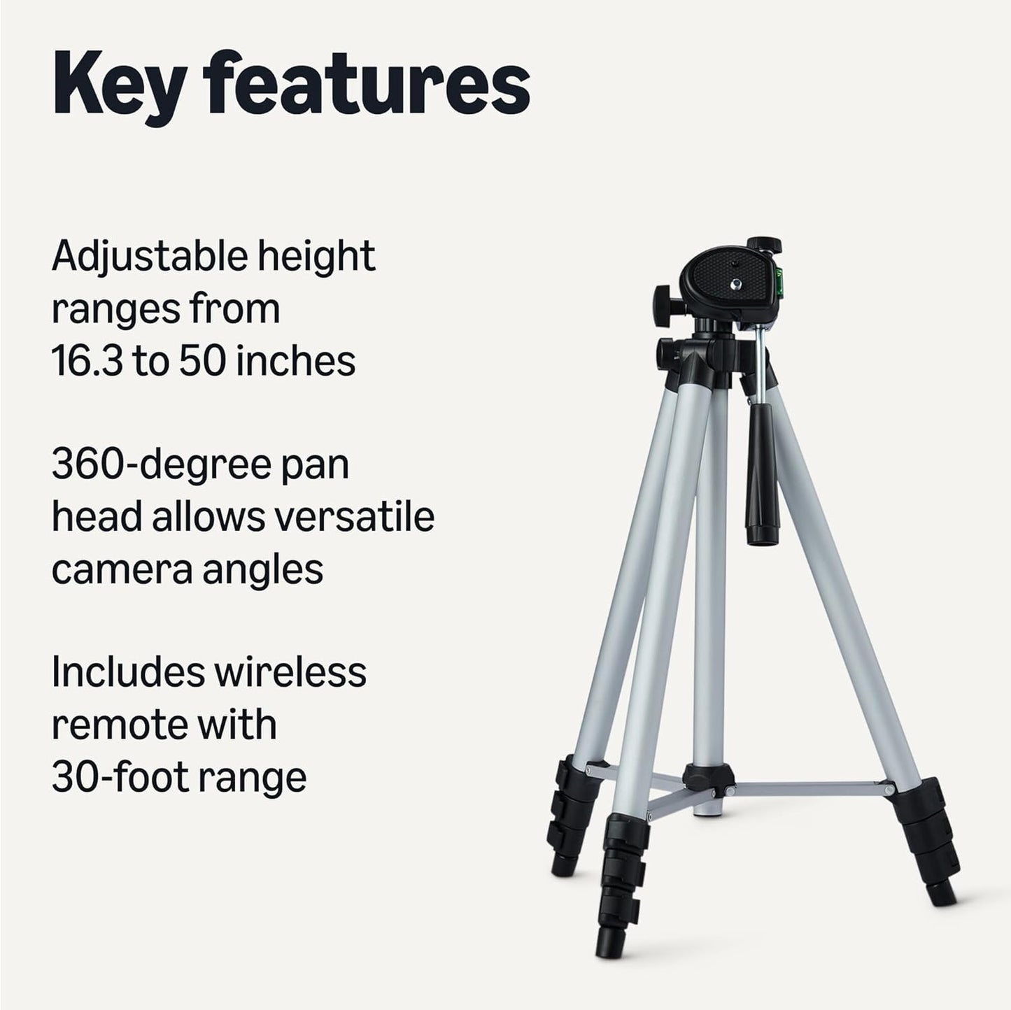 Amazon Basics 50" 360-Degree Lightweight Tripod for Camera and Phone with Travel Bag, Remote Control, Height