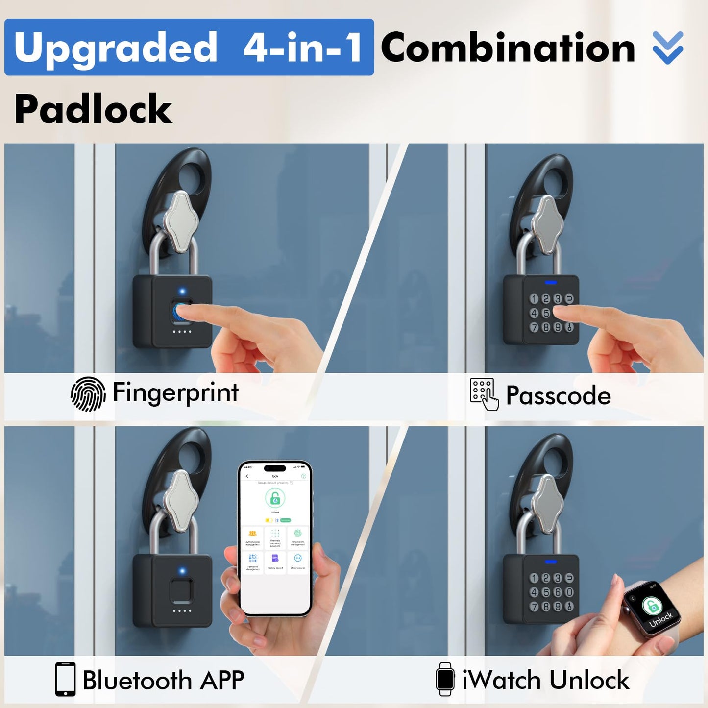 Keylesslife Fingerprint Padlock with Code,Combination Padlock Gym Locker Lock,Smart Padlock with Fingerprint Gym Lock Waterproof for Outdoor Gate Fence Shed Storage Gym Locker School