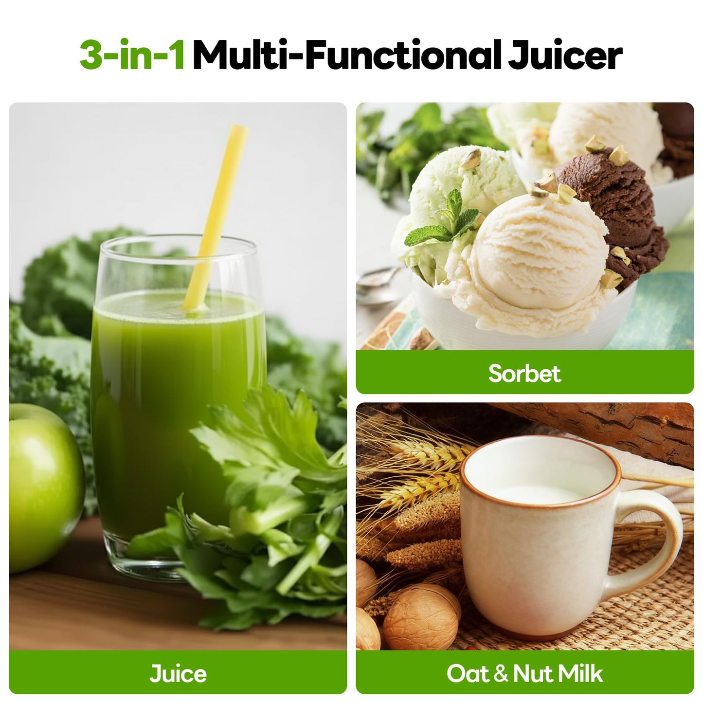 ECOSELF 3-in-1 Juicer with 3 Filters (Juice/Sorbet/Nut Milk), 6.0" Wide Mouth Hopper, Juicer Machines With Self Feeding & Hands-Free, Cold Press Juicer for Family Party, High Juice Yield, With Brush