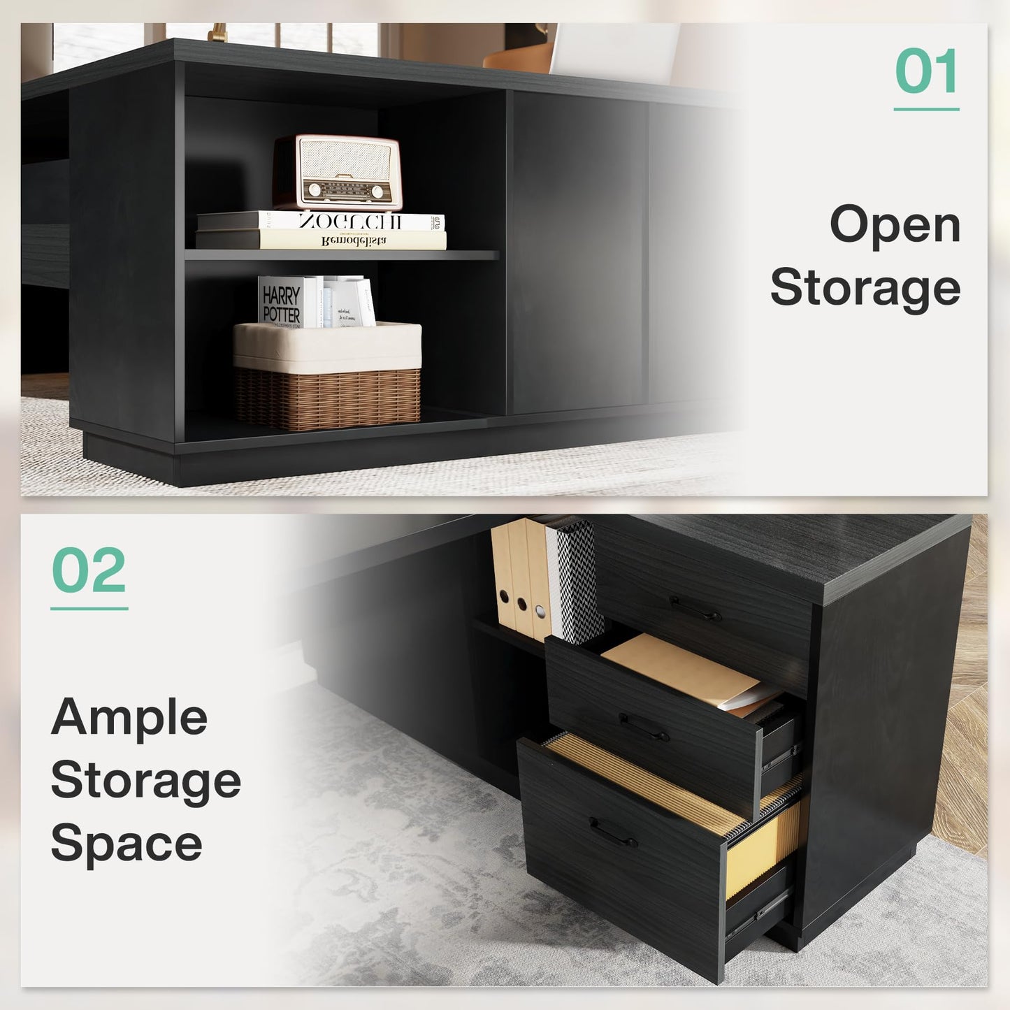 Tribesigns L-Shaped Executive Desk, 78-Inch Modern Office Desk with Drawers and Lateral File Cabinet, Large Bussiness Furniture with Storage Shelves, Workstation for Home Office (Grey + Black)