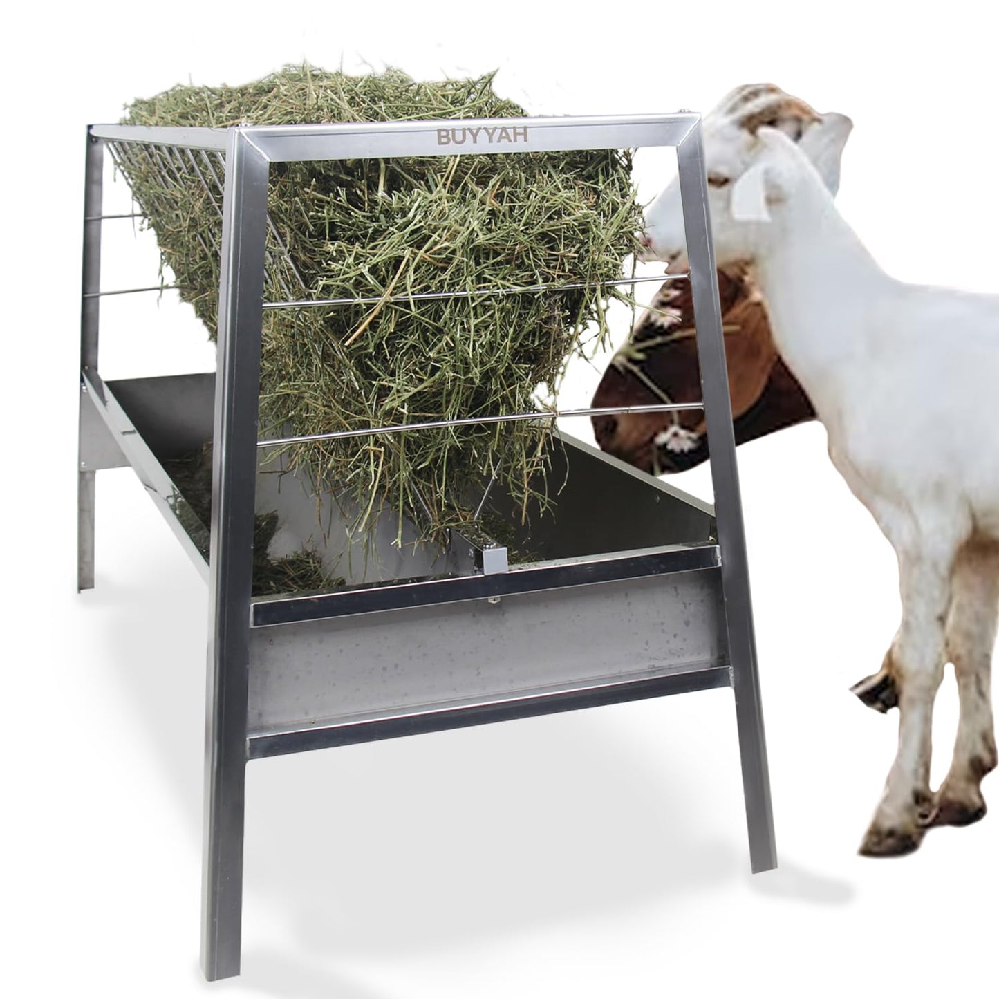 BUYYAH Stainless Steel Pasture Feeder, 5-Feet, 77 Gallon Capacity Livestock Feeder with Deeper Feeding Pan, Easy to Assemble and Carry, Feeding Goats, Sheep and Ponies, for Farms, Sheep Sheds
