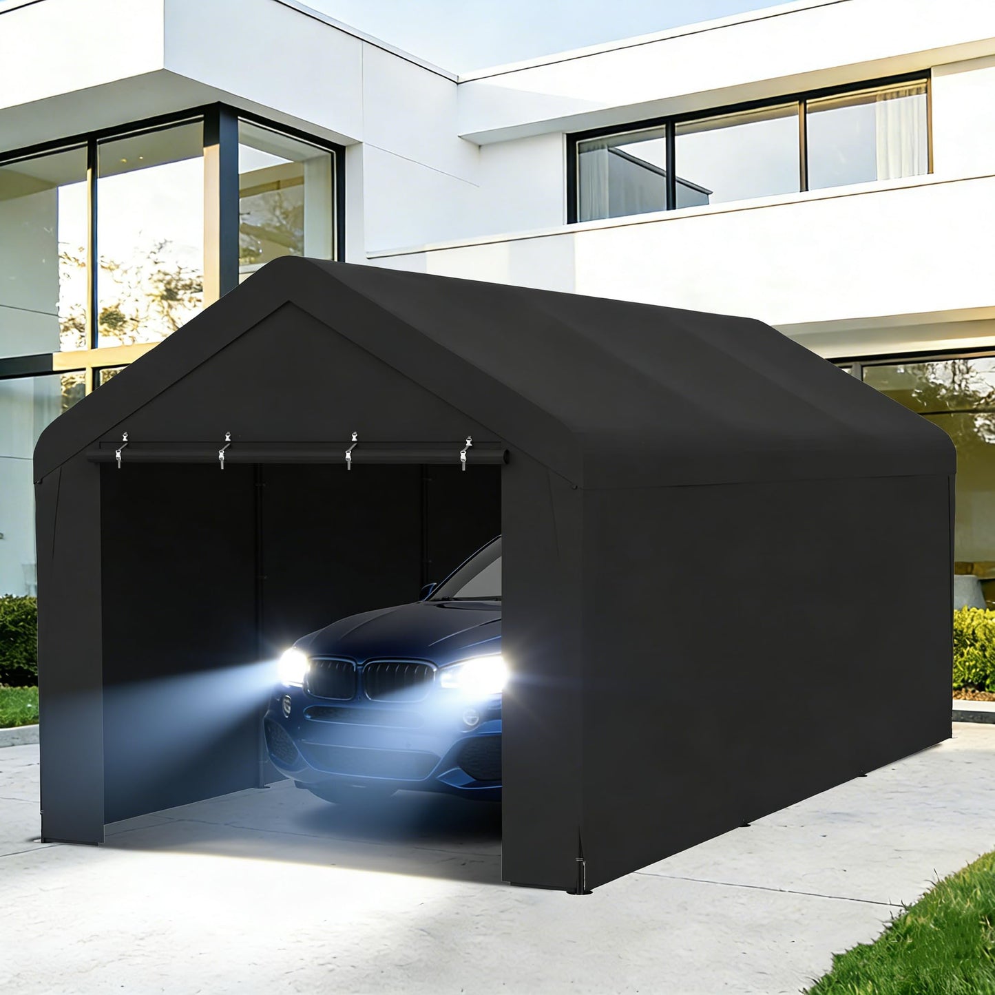 Carport 10 x 20 FT Heavy Duty, Portable Garage Canopy, Waterproof Car Canopy with Side-Opening Removable Door, Carport Canopy for Car, Truck, Boat, Equipment (Black)