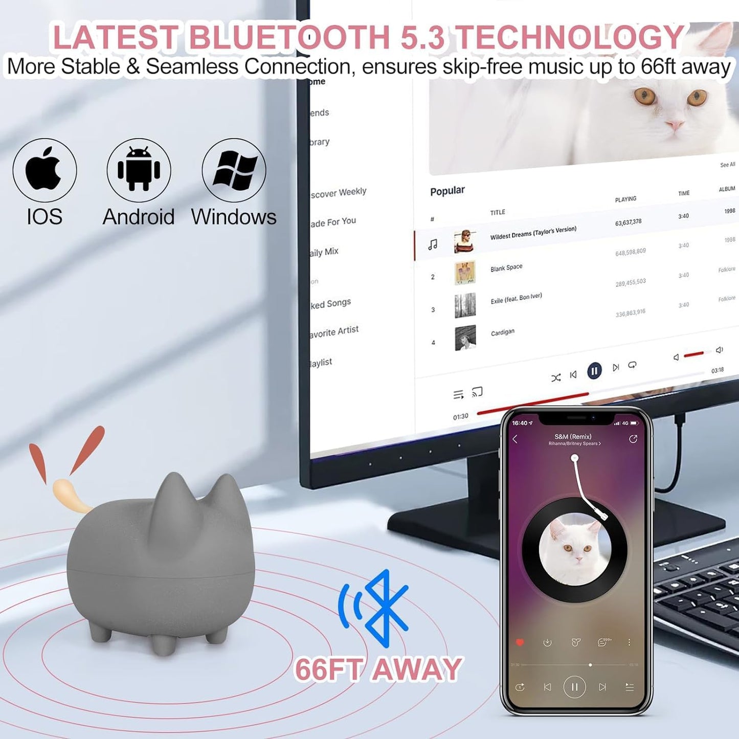 Svemei 2PCS Pairing,40H Portable Bluetooth Speaker, Cute Cat Mini Wireless Speakers with Loud Stereo Sound, Built