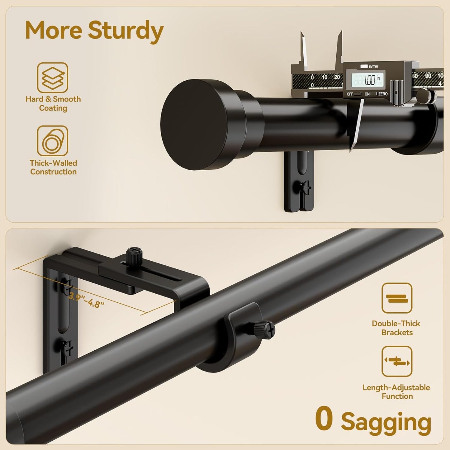 YaFex Curtain Rods - Heavy Duty 1 Inch Adjustable Window Treatment Rods | 32-170 Inch, Modern Black Design