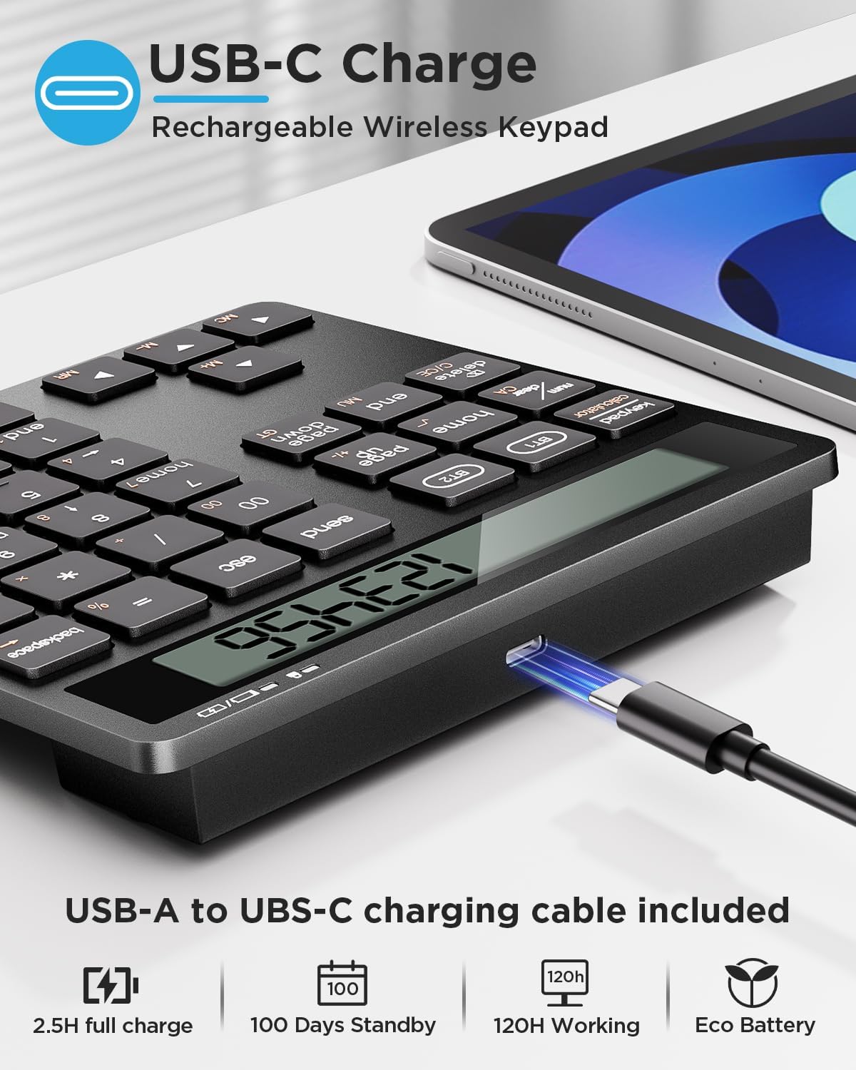YoFeW 34 2-in-1 Rechargeable Wireless Number Pad for Laptop, Keys Numeric Keypad with Dual Bluetooth & Display, Numpad