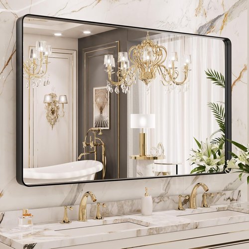 LOAAO Black Metal Framed Bathroom Mirror - Large Rounded Rectangle, Anti-Rust Tempered Glass, 50x30 Inch