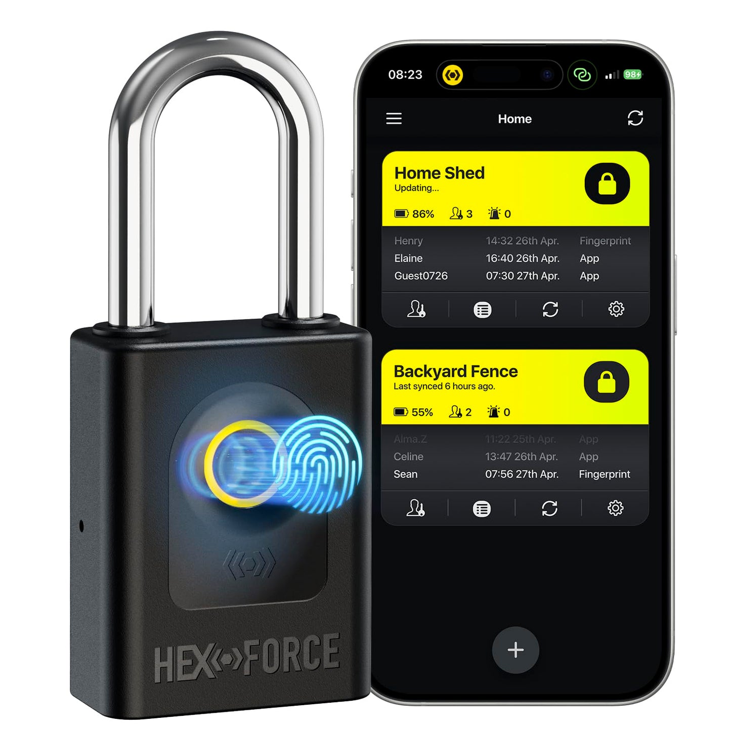 Smart Fingerprint Padlock - HEXFORCE G1, Heavy Duty Dual-Ball Locking, IP67 Weatherproof, Keyless Biometric and Bluetooth Control, W56*H134MM, Long Shackle Designed for Outdoor Shed Fence Gate Garden