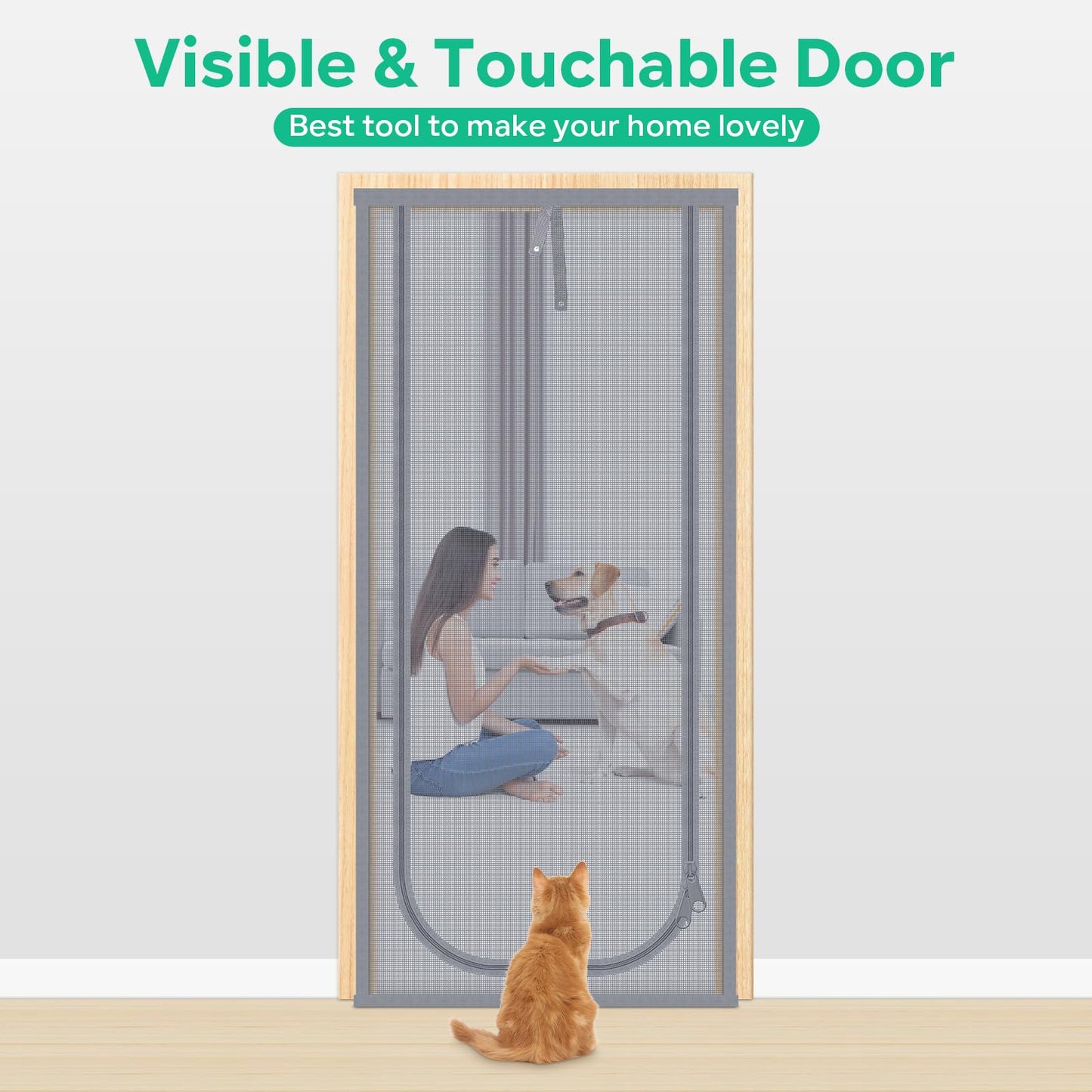 Reinforced Cat Screen Door, Fits Door Size 36''x 80'' Heavy Duty Pets Proof Screen Door with Bilateral Zipper, Prevent Dogs Cats Running Out from Home, Bedroom,Living Room, Kitchen Patio Door Grey