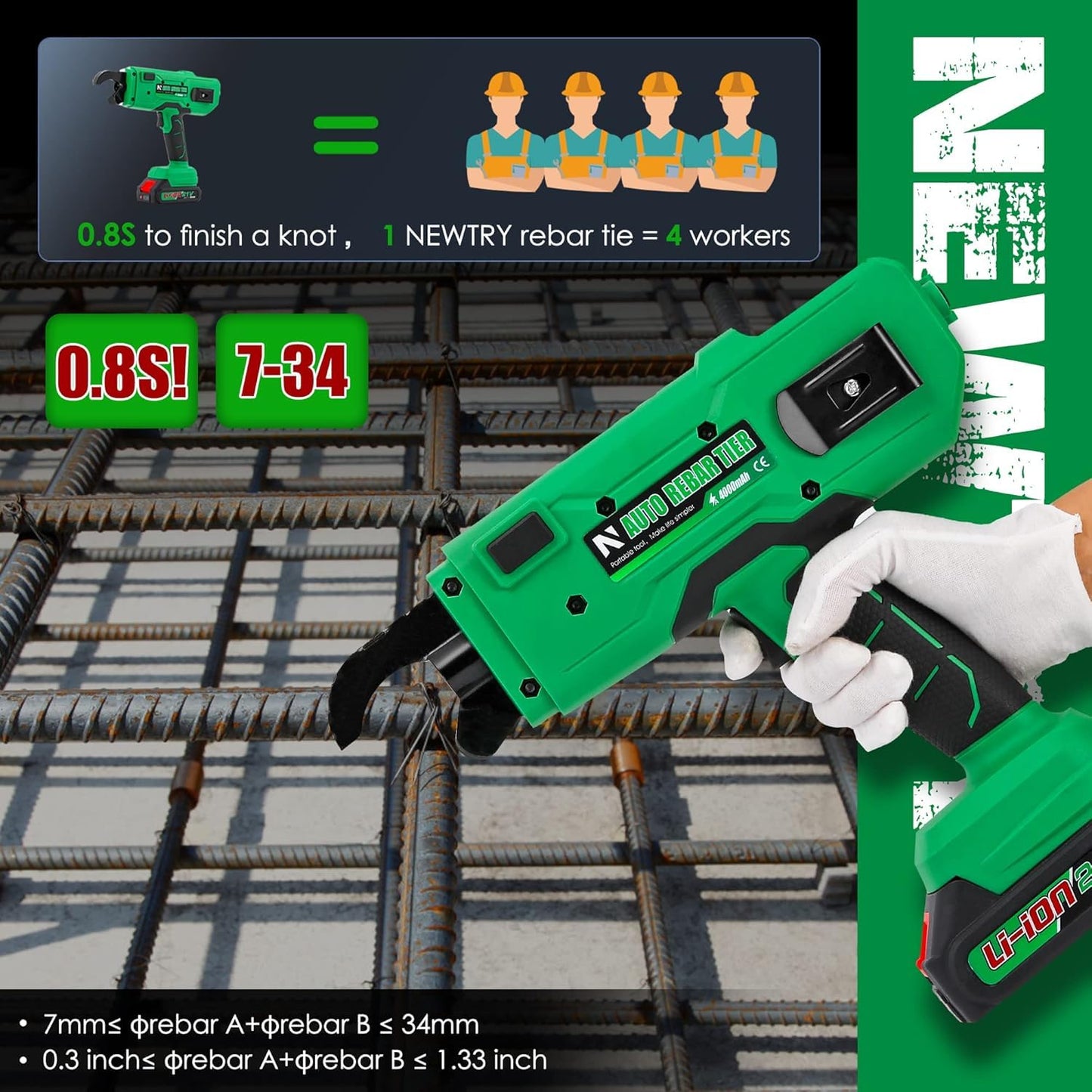 NEWTRY Cordless Rebar Tying Gun with 2x2000mAh Batteries, Automatic Rebar Tier Tool for 0.3" to 1.33" (7-34mm) Steel Rebar, Portable Electric Rebar Tie Tool
