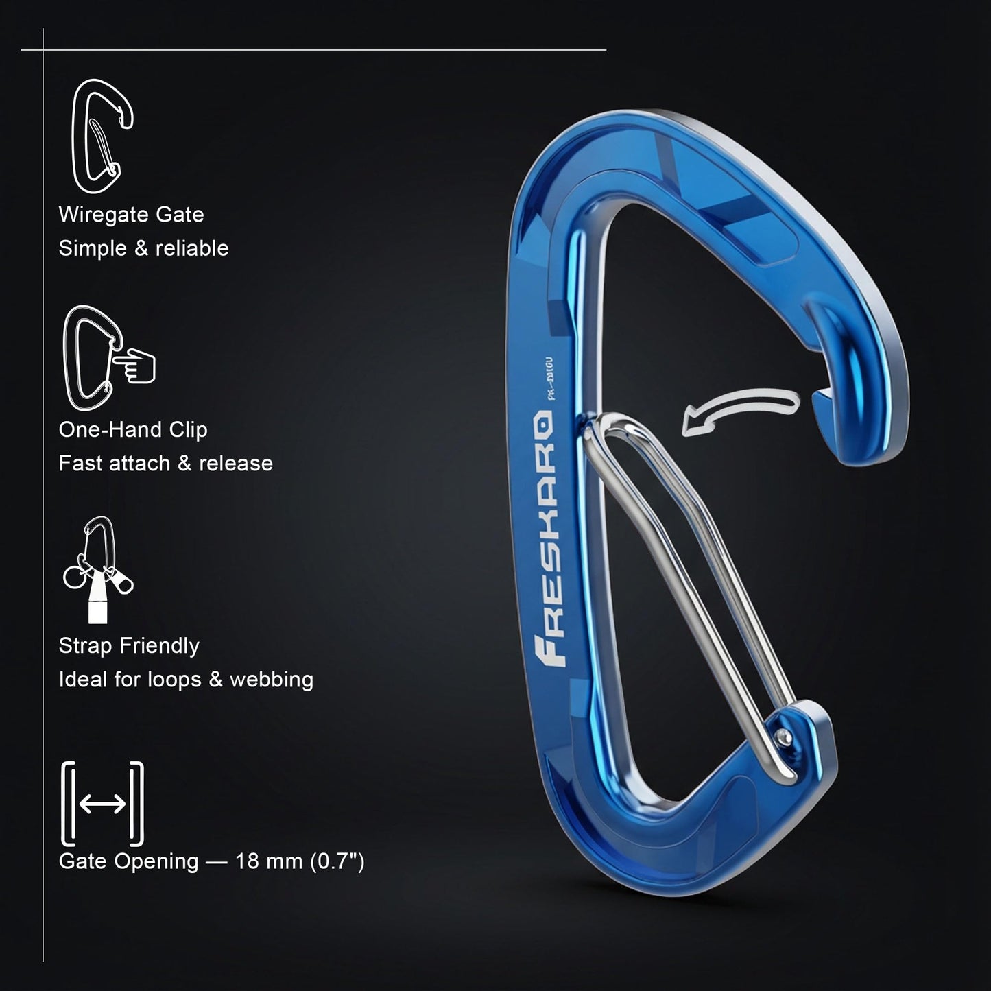 FresKaro Carabiner Clip, Wire Gate Caribeener Heavy Duty, Caribeaner Hook, Strong, Lightweight, 15kN 4Pack for Keychain, Key, Gym, Golf Bag, Dog Collar, Hammock, Outdoor Camping, Medium Size, Blue