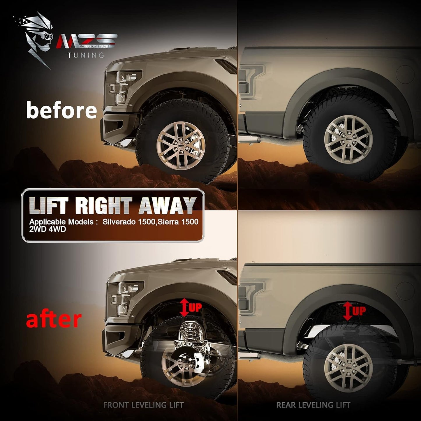 MZS Leveling Kit, 2 inch Front Strut Spacers + 2 inch Rear Lift Blocks with Extended Square U Bolts Compatible with 2007-2024 Silverado 1500/Sierra 1500 2WD 4WD