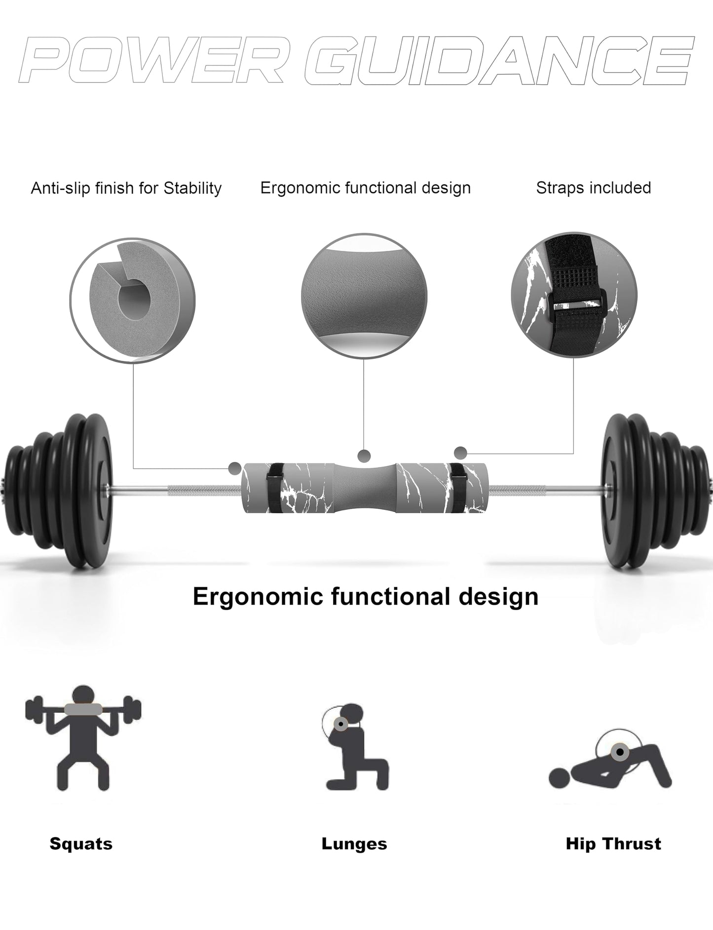 POWER GUIDANCE Barbell Squat Pad - Neck & Shoulder Protective Pad - Great for Squats, Lunges, Hip Thrusts, Weight Lifting & More - Fit Standard and Olympic Bars Perfectly,Gery