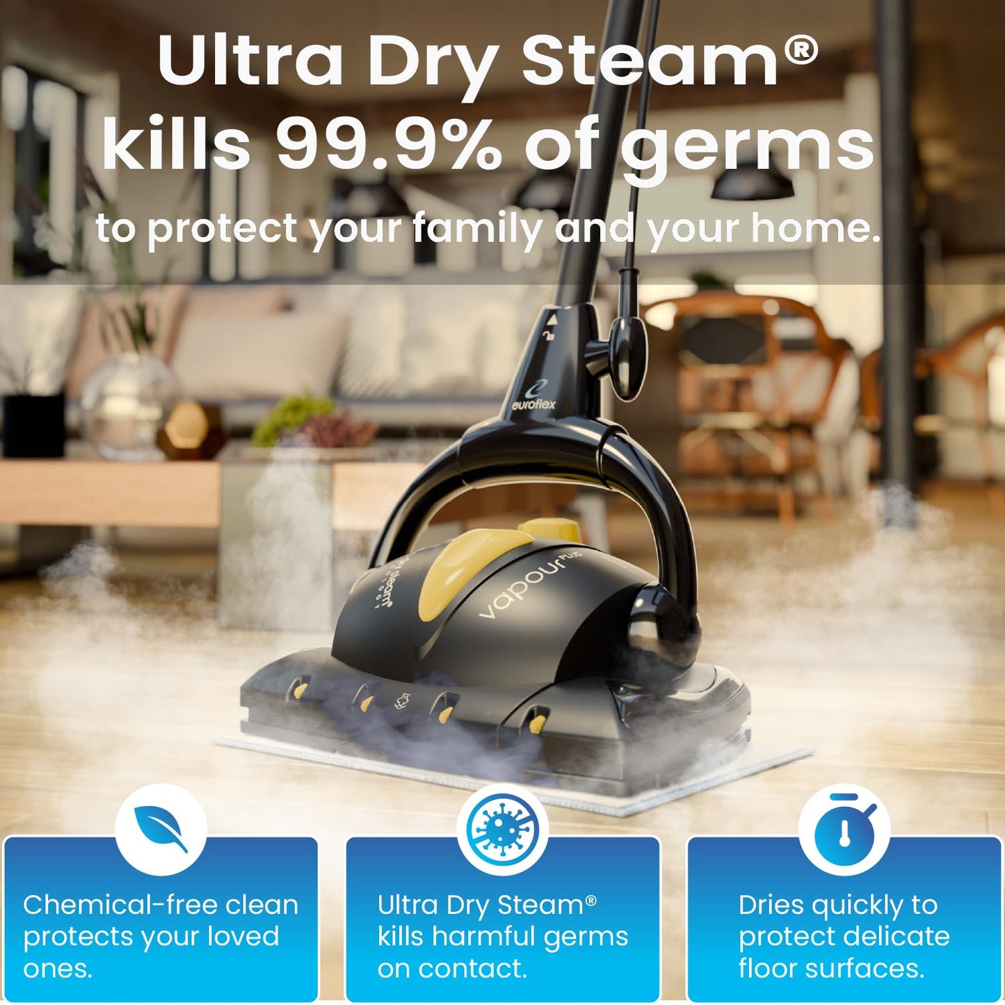 Euroflex Vapour Plus Steam Mop 18-Piece Set with Precision Floor Care Kit; Consumer Reports Recommended; 295°F & 50 PSI; Kills 99.9% Bacteria & Viruses incl. Influenza (H1N1); 5 Year Warranty