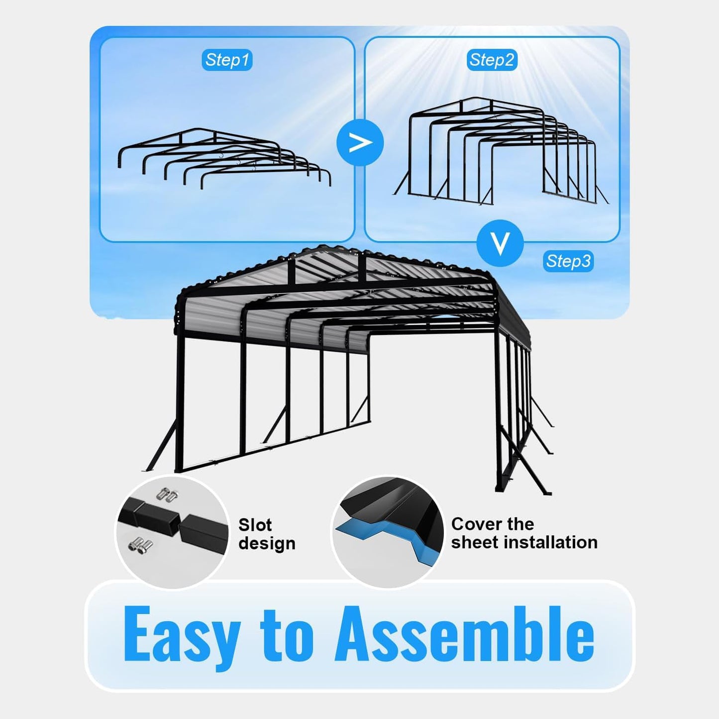 12x25FT Metal Carport, Extended Heavy Duty Carport with Reinforced Frame & Side Support Poles for All-Weather, Large Car Port for Pickup Trucks, Boats, Cars & Tractors