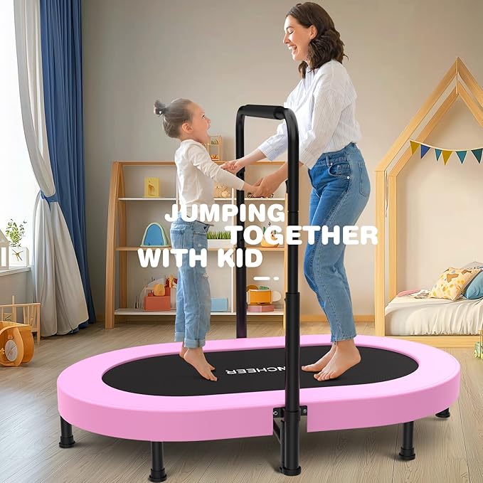 ANCHEER 56'' Foldable Mini Trampoline with Adjustable Handle - Indoor/Outdoor Rebounder for Kids & Toddlers Safe Oval Fitness Trampoline with Bar for Home Fun