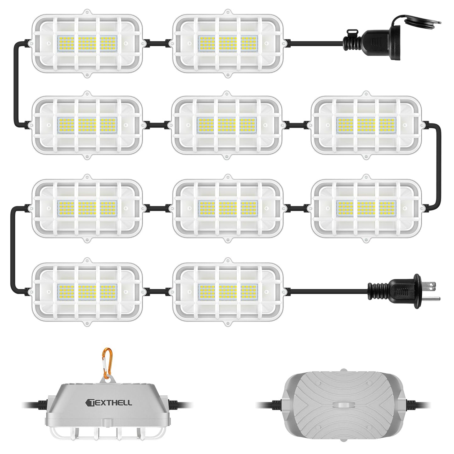 100ft LED Construction String Lights 300W Super Bright 30000LM Work Lights String Connectable Design for Workplace, Warehouse, Garage, RV, Indoor and Outdoor Weatherproof Temporary Lighting