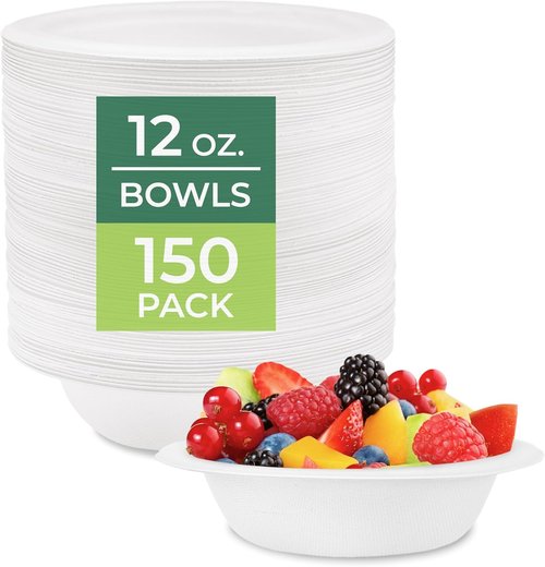 Freshware Paper Bowls - 12 oz. Biodegradable Soup Bowls | 150-Pack Heavy Duty Sugarcane Fiber Dinnerware - Microwave & Freezer Safe